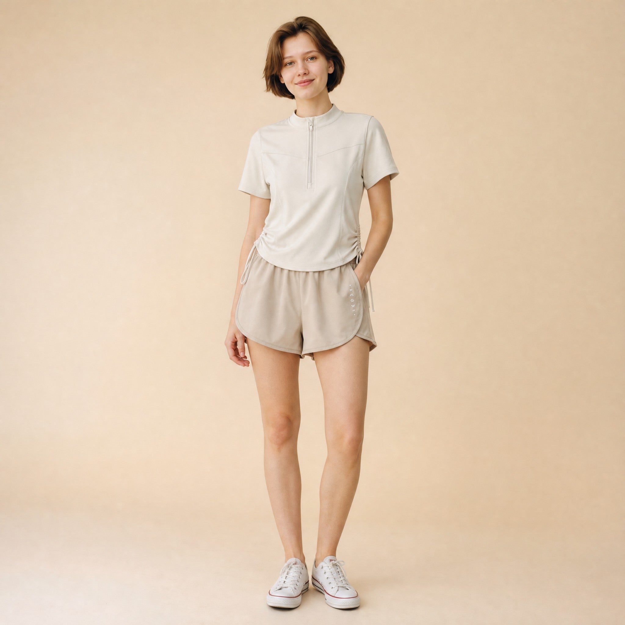 Women's 2-in-1 running shorts, front view with elastic waistband